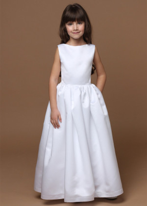White Satin Bows Back Long Flower Girl Dress